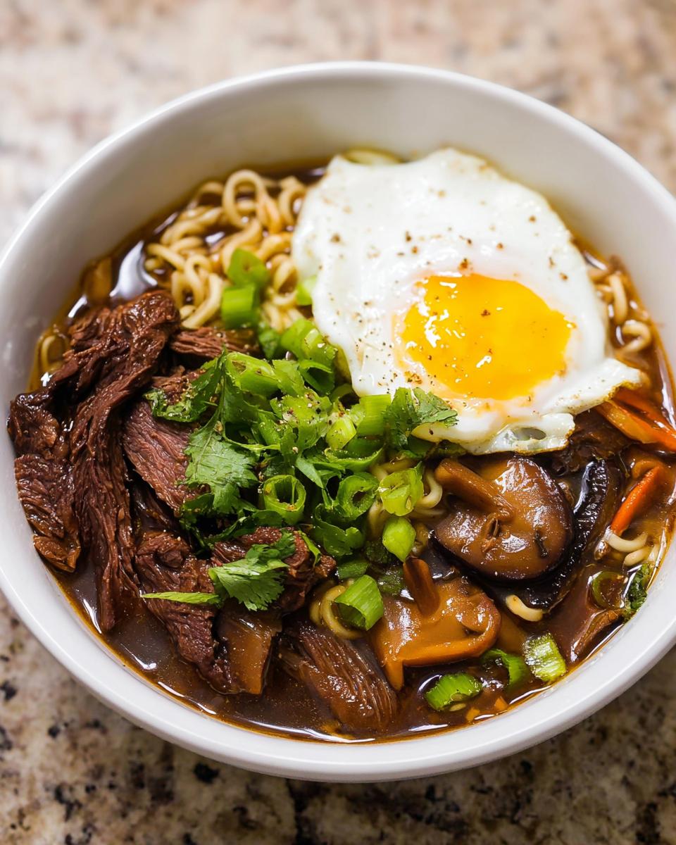 A bowl of delicious Slow Cooker Beef Ramen Noodles topped with a fried egg, sliced beef, mushrooms, and green onions.