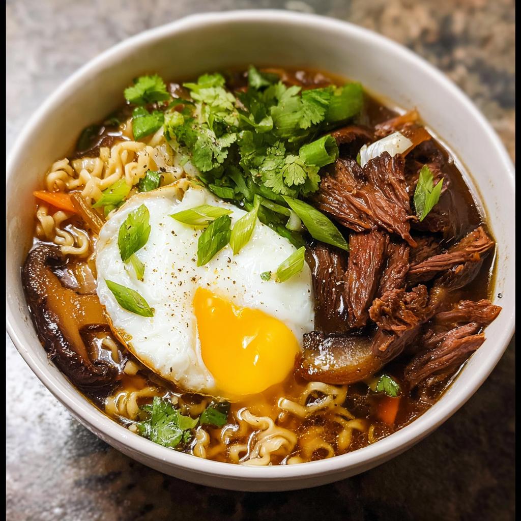 A steaming bowl of Slow Cooker Beef Ramen Noodles topped with a perfectly fried egg, shredded beef, mushrooms, and fresh cilantro.