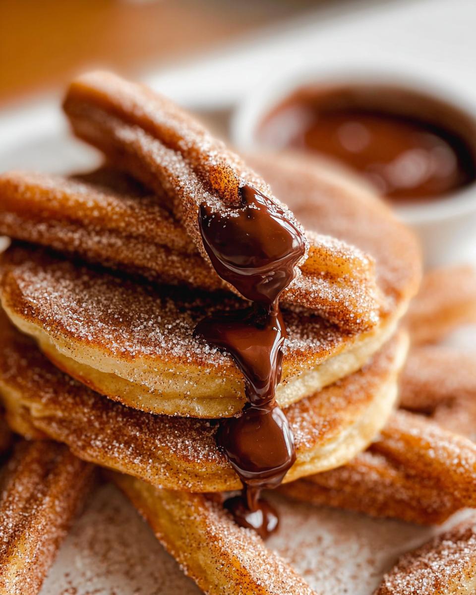 A stack of Irresistible Spanish Churro Pancakes, dusted with cinnamon sugar and drizzled with rich chocolate sauce.