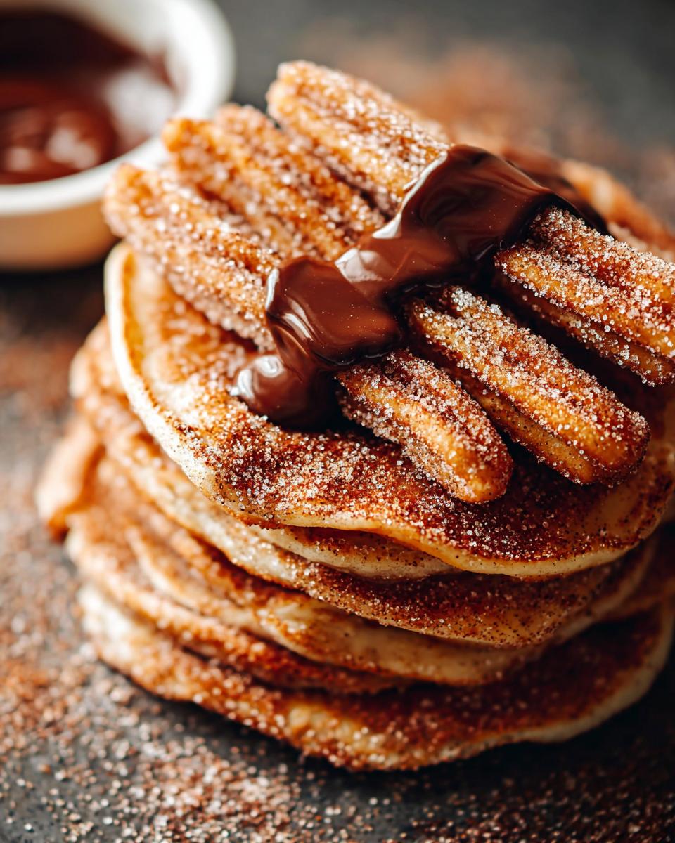 A stack of Irresistible Spanish Churro Pancakes topped with churro bites and drizzled with chocolate sauce.