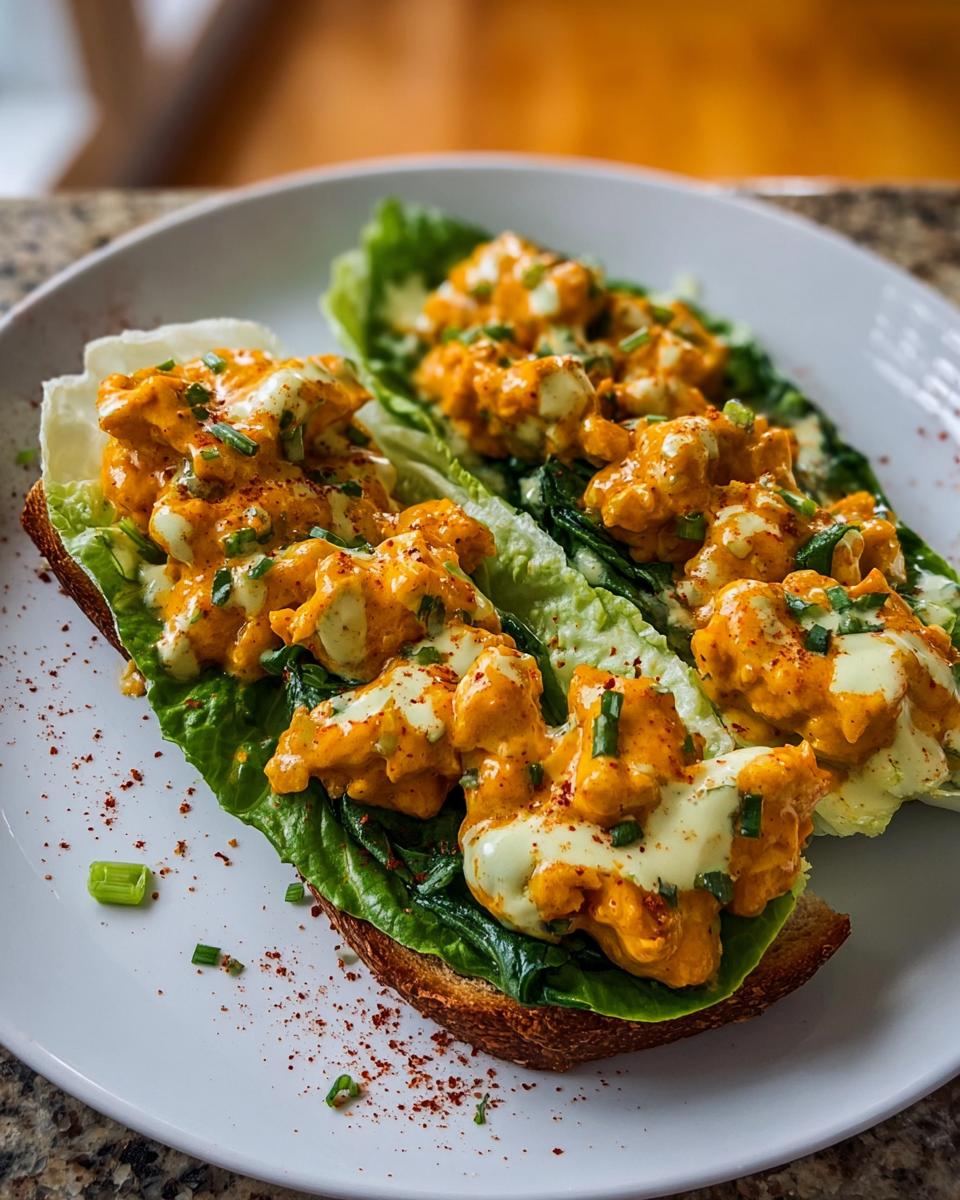 Two Spicy Buffalo Chicken Wraps for Two served on lettuce leaves with a drizzle of sauce and chopped chives.