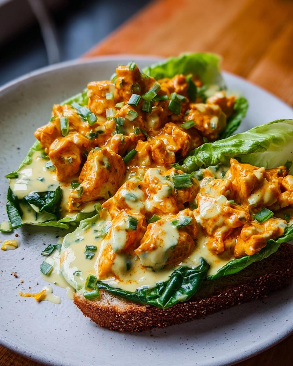 Close-up of Spicy Buffalo Chicken Wraps for Two served on lettuce leaves with a drizzle of sauce and chopped green onions.
