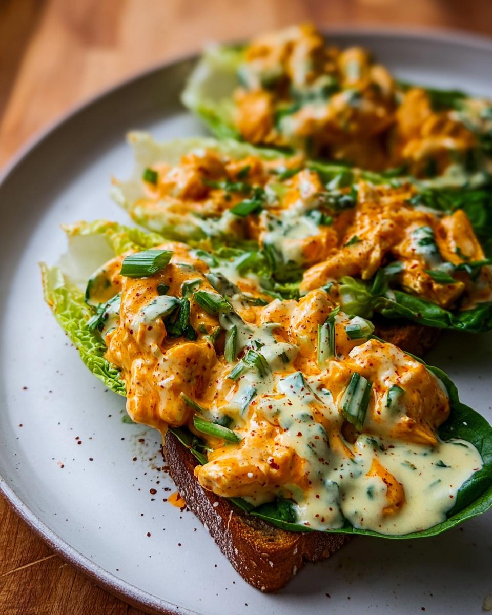 Close-up of Spicy Buffalo Chicken Wraps for Two served on lettuce cups with a drizzle of creamy sauce.