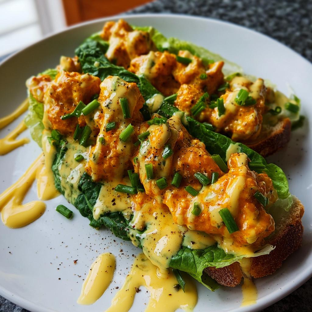 Close-up of Spicy Buffalo Chicken Wraps for Two served on toast with lettuce and drizzled with sauce.