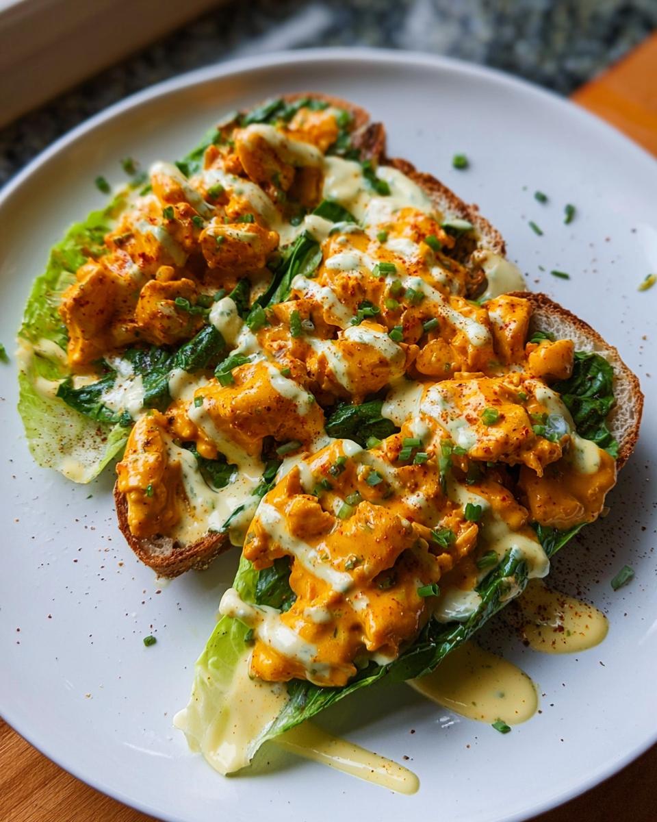 Two slices of toast topped with lettuce, spicy buffalo chicken, and a creamy sauce, garnished with chives.