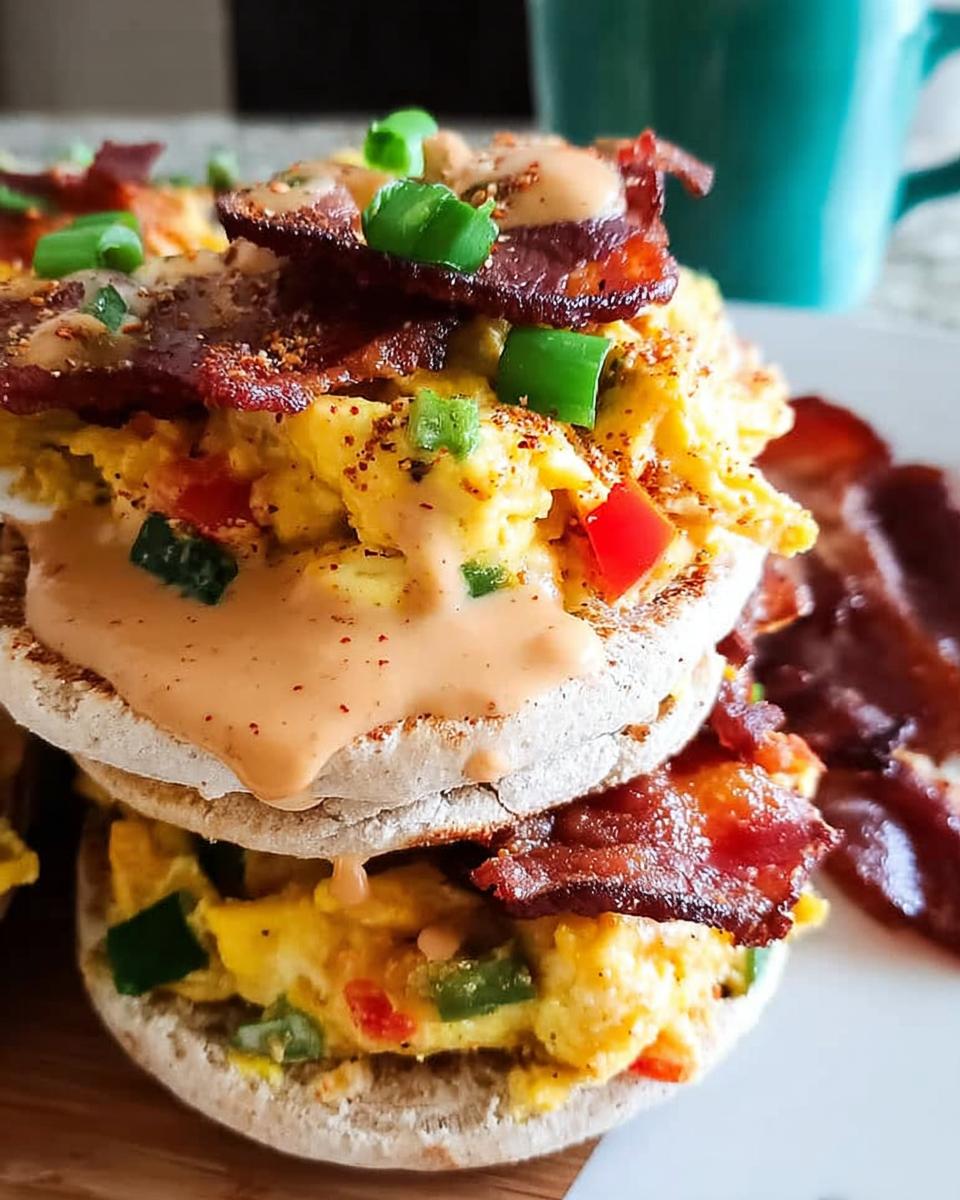 A stacked Spicy Chipotle Egg Breakfast Sandwich with scrambled eggs, bacon, green onions, and a creamy sauce on an English muffin.