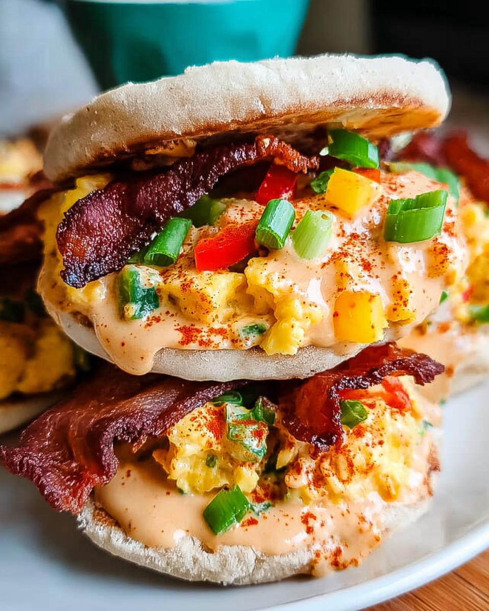 Close-up of stacked Spicy Chipotle Egg Breakfast Sandwiches with scrambled eggs, bacon, peppers, and green onions.