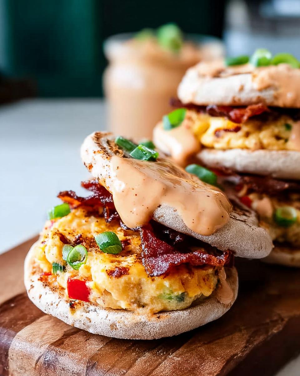 Close-up of a Spicy Chipotle Egg Breakfast Sandwich with scrambled eggs, bacon, and chipotle sauce on an English muffin.