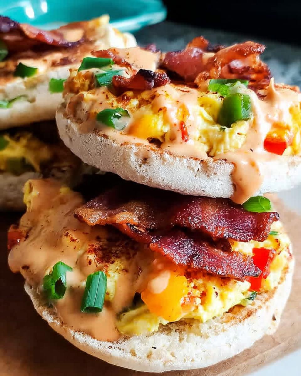 Close-up of Spicy Chipotle Egg Breakfast Sandwiches stacked with scrambled eggs, bacon, and a creamy sauce.