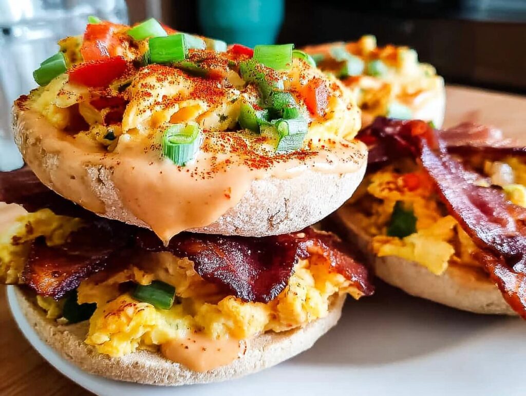 Close-up of stacked Spicy Chipotle Egg Breakfast Sandwiches with bacon, scrambled eggs, and green onions.