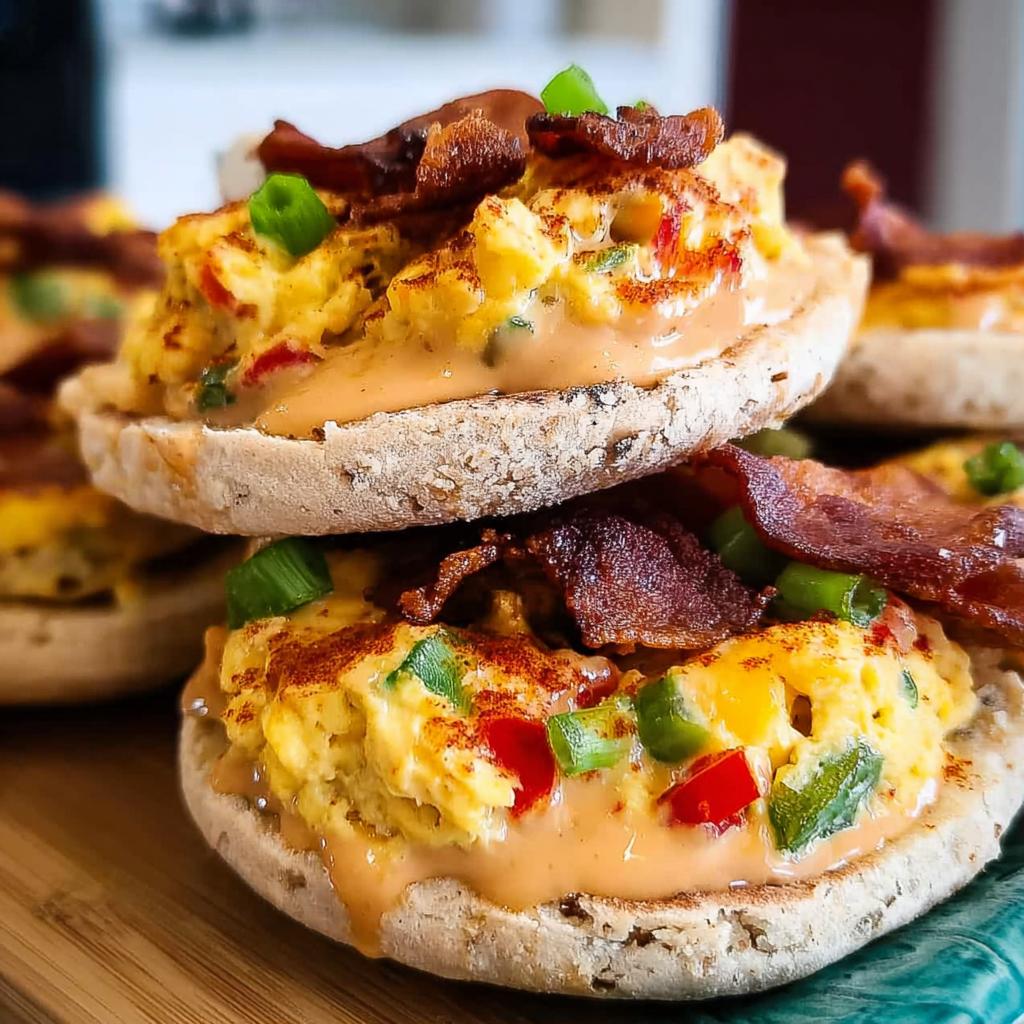 Close-up of stacked Spicy Chipotle Egg Breakfast Sandwiches on English muffins with bacon and green onions.