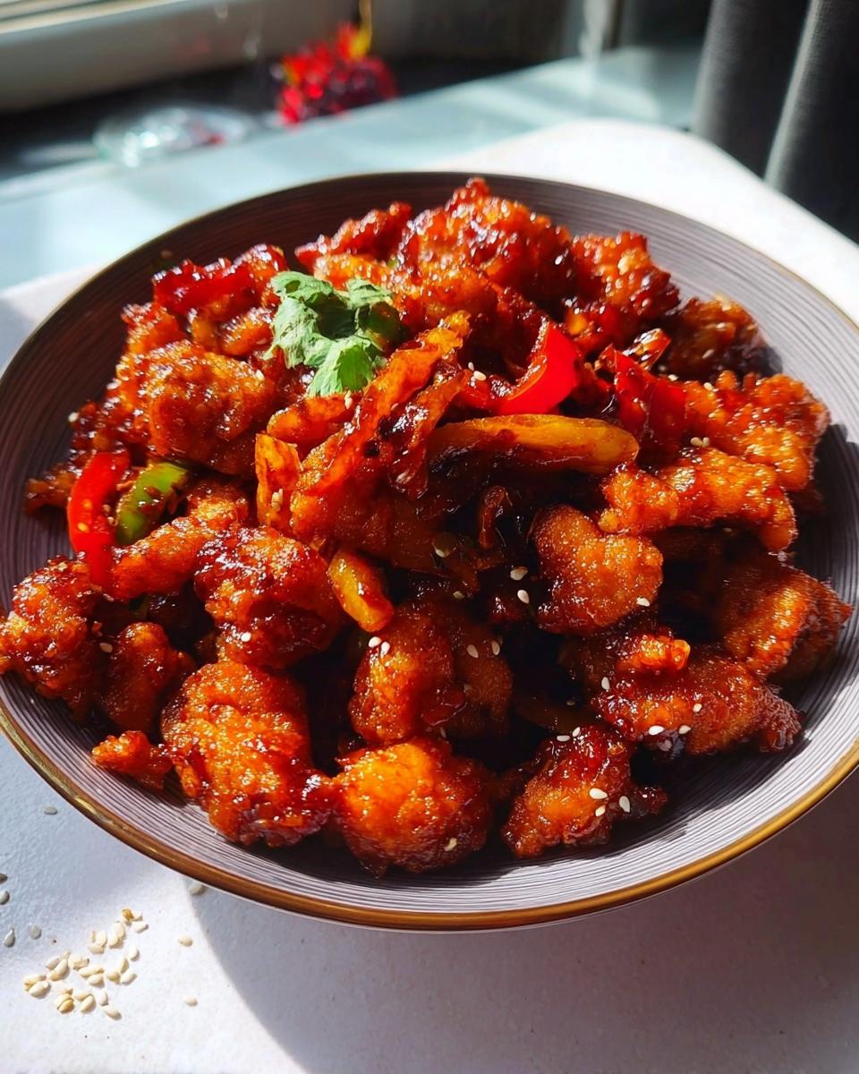 A close-up of Spicy Dragon Chicken, a quick Indo-Chinese meal, in a bowl with red and green peppers and sesame seeds.