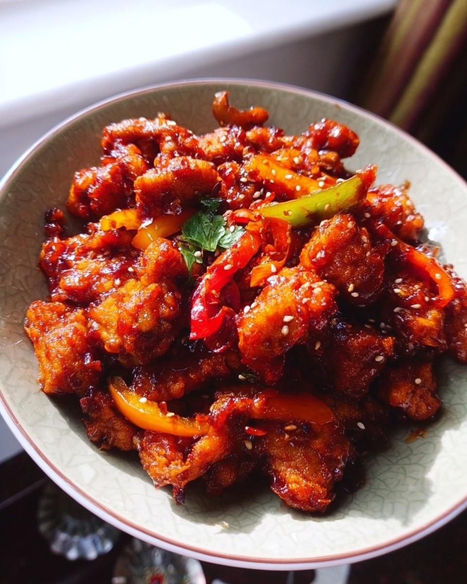 A close-up of Spicy Dragon Chicken in a bowl, coated in a glossy sauce with peppers and sesame seeds.