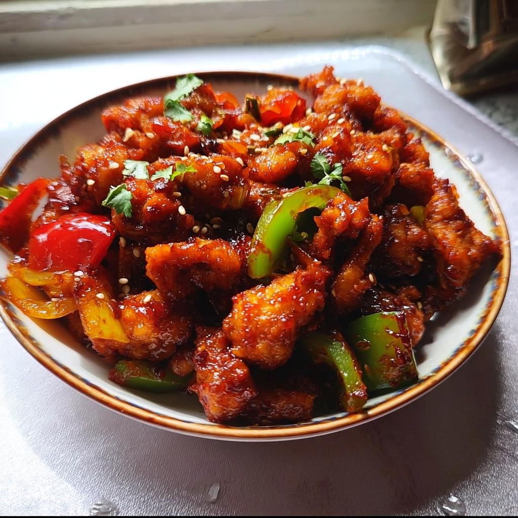 A close-up of Spicy Dragon Chicken, a quick Indo-Chinese meal, served in a bowl with bell peppers and garnished with sesame seeds and cilantro.