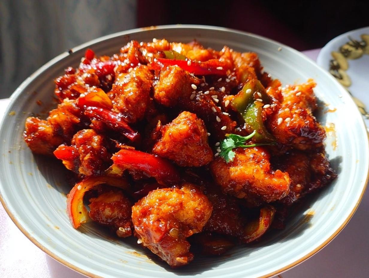 A close-up of Spicy Dragon Chicken, featuring crispy fried chicken pieces coated in a glossy, spicy sauce with bell peppers and sesame seeds.
