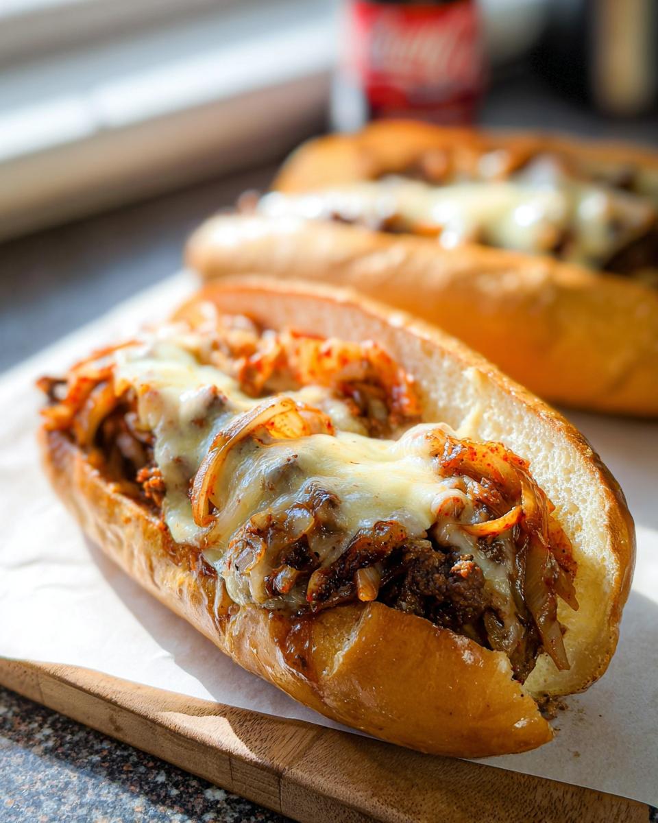 Close-up of a delicious Spicy Kimchi Bulgogi Cheesesteak sandwich overflowing with meat, kimchi, and melted cheese.