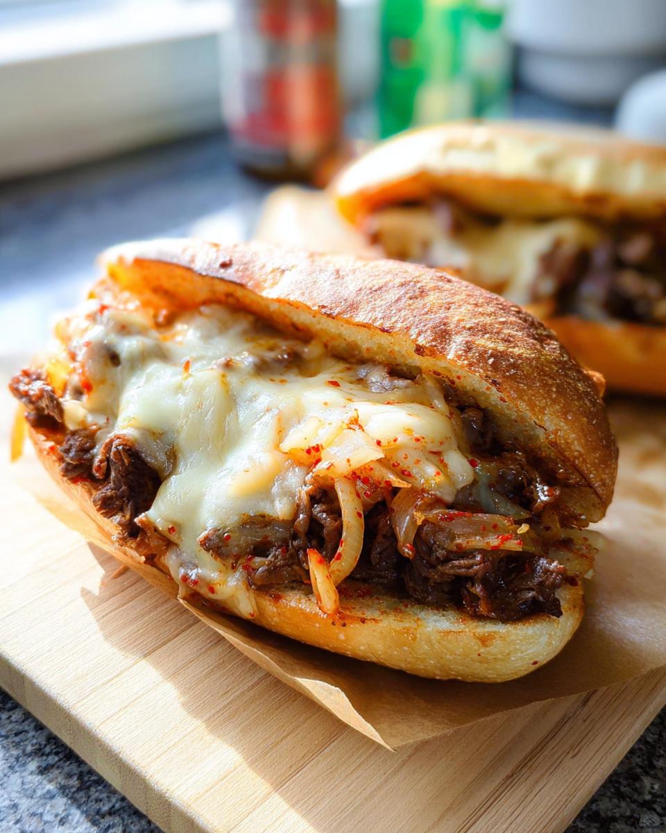 A close-up of a Spicy Kimchi Bulgogi Cheesesteak sandwich overflowing with tender beef, melted cheese, and kimchi.