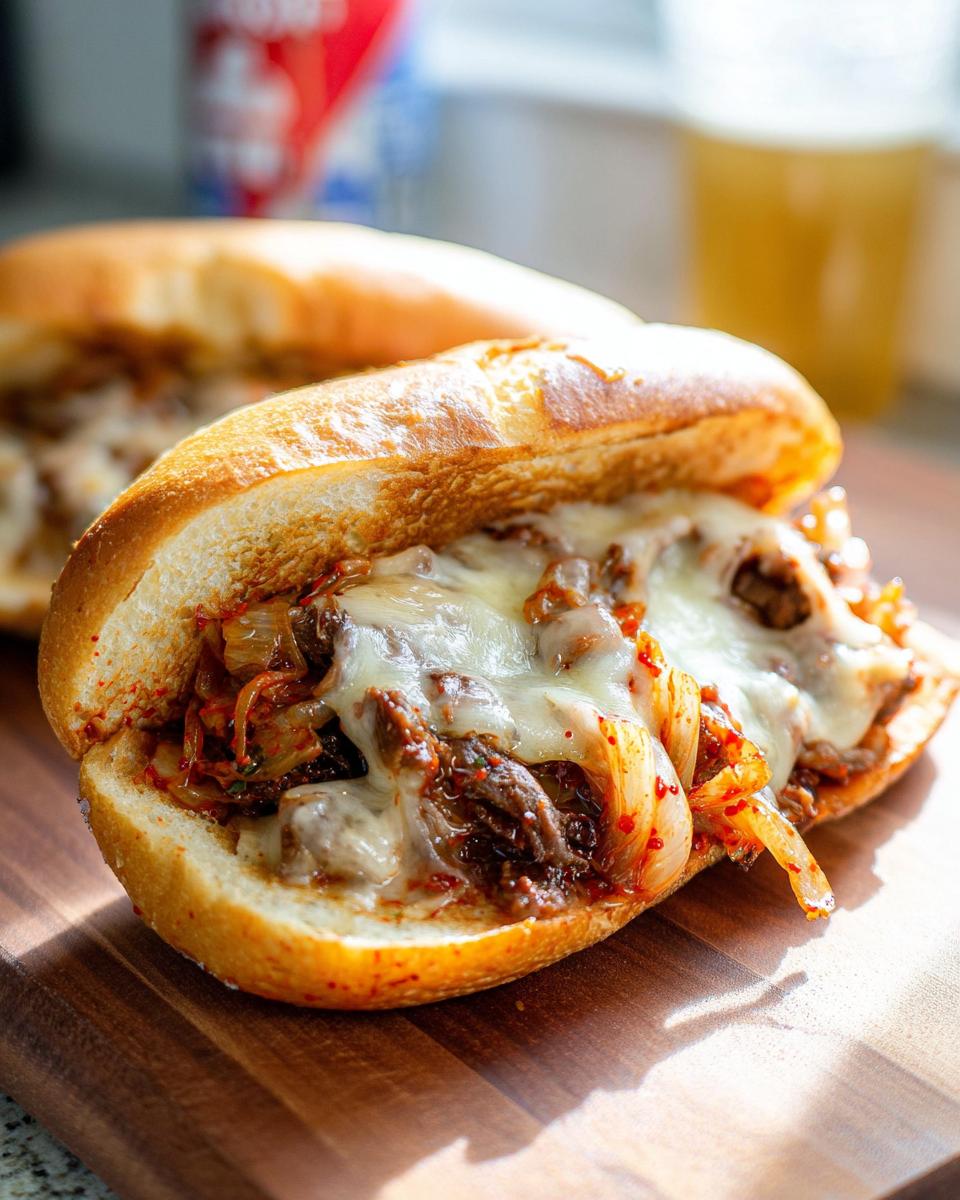 A close-up of a Spicy Kimchi Bulgogi Cheesesteak sandwich on a wooden board, filled with tender bulgogi beef, kimchi, and melted cheese.