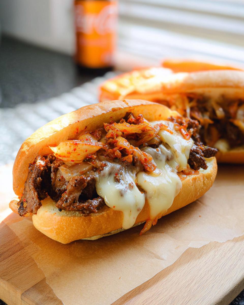 A close-up of a delicious Spicy Kimchi Bulgogi Cheesesteak sandwich, filled with tender bulgogi beef, melted cheese, and spicy kimchi.