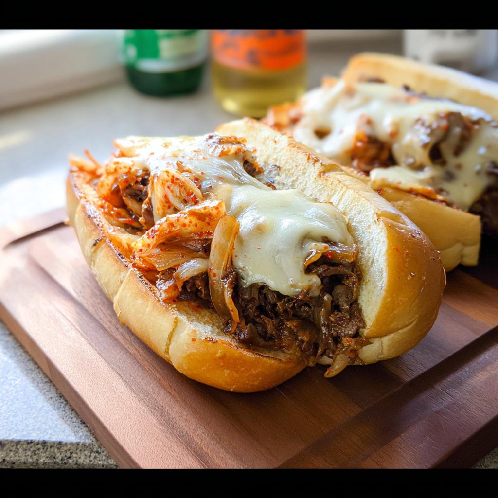 A close-up of a delicious Spicy Kimchi Bulgogi Cheesesteak sandwich on a wooden board, filled with savory meat, kimchi, and melted cheese.