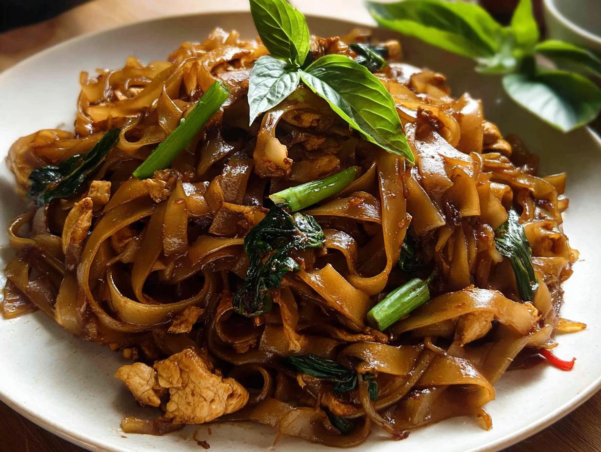 A close-up of a plate piled high with glossy, wide rice noodles, chicken, and green vegetables, garnished with fresh basil leaves.
