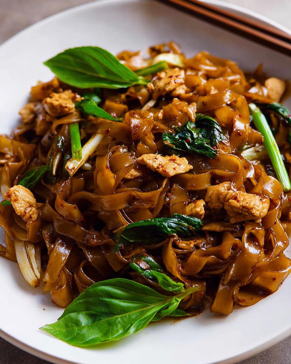 Close-up of a bowl of Street Style Thai Drunken Noodles with tender chicken pieces, fresh basil, and green onions.