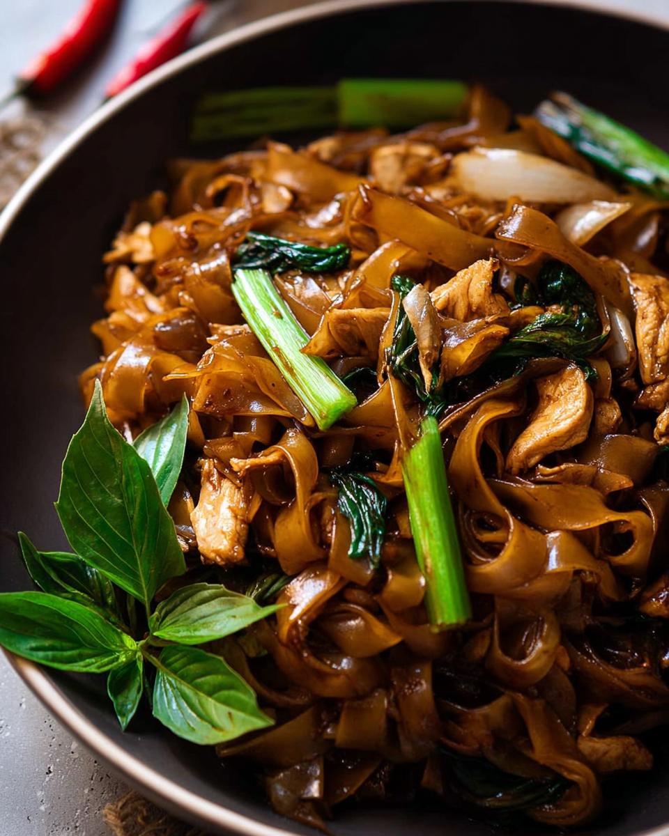 Close-up of Street Style Thai Drunken Noodles with wide rice noodles, chicken, and green vegetables.