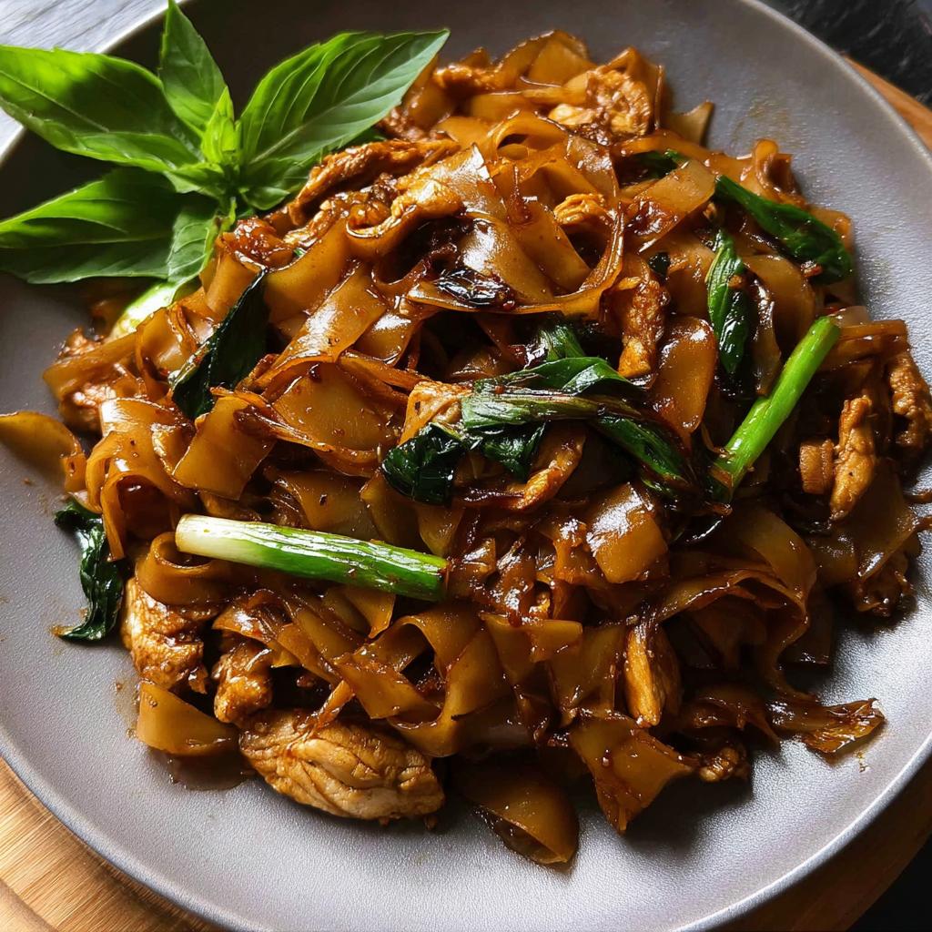 A close-up of Street Style Thai Drunken Noodles with wide rice noodles, chicken, and green onions.