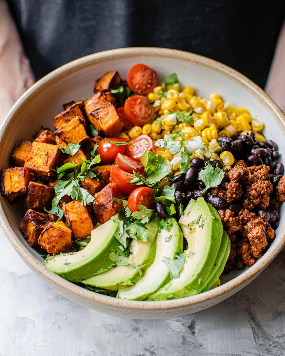 A vibrant Sweet Potato Taco Bowl filled with roasted sweet potatoes, black beans, corn, tomatoes, avocado, and seasoned ground meat.