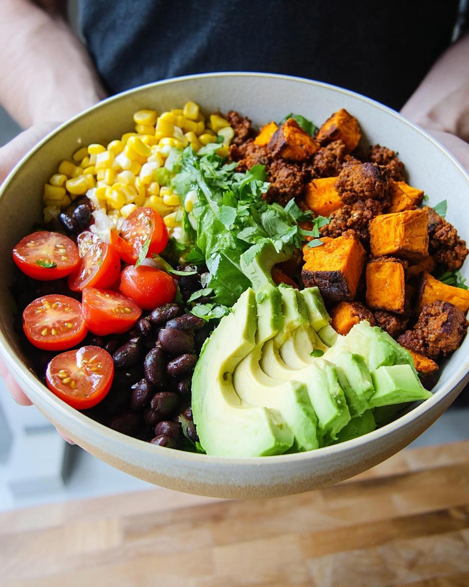 A vibrant Sweet Potato Taco Bowl filled with seasoned ground meat, roasted sweet potatoes, black beans, corn, tomatoes, and avocado.