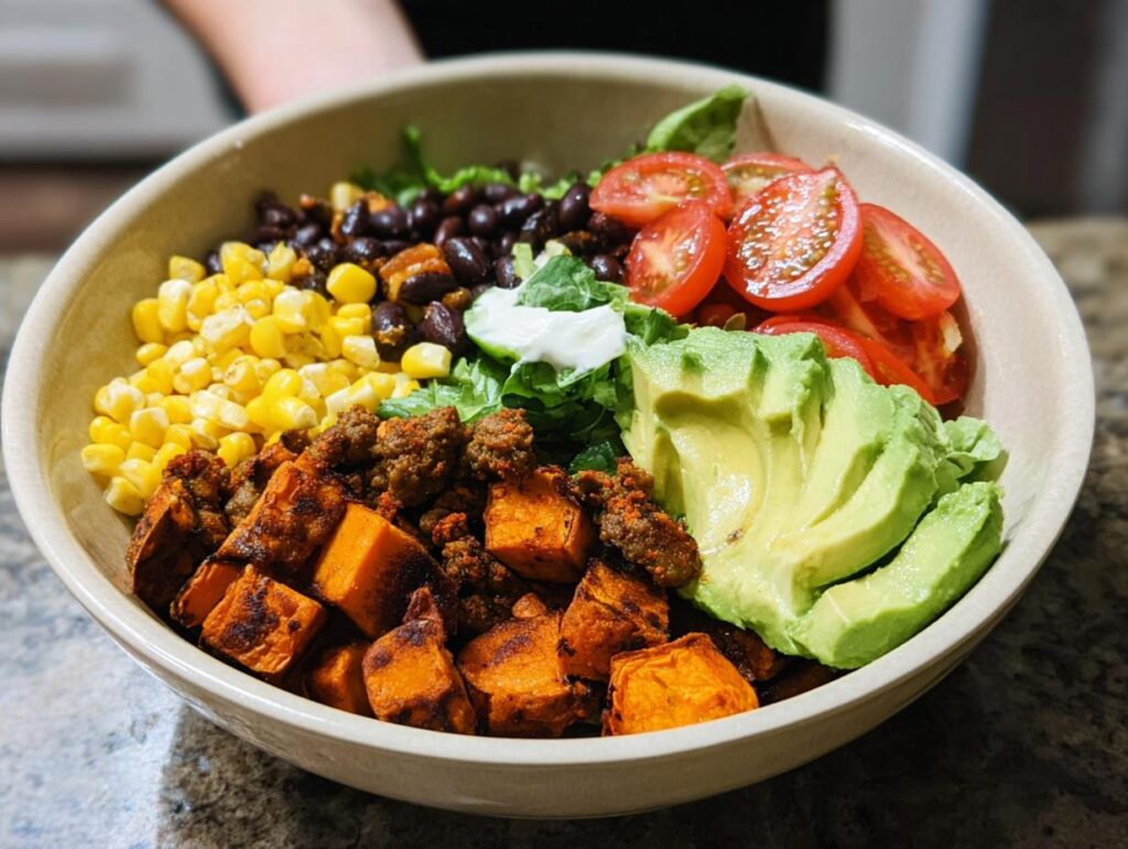 A vibrant Sweet Potato Taco Bowl filled with roasted sweet potatoes, black beans, corn, tomatoes, avocado, and lettuce.