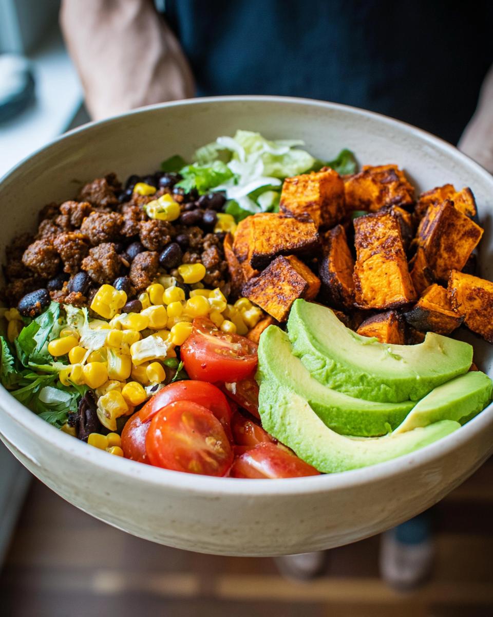 A vibrant Sweet Potato Taco Bowl filled with seasoned ground meat, black beans, corn, tomatoes, avocado, and lettuce.