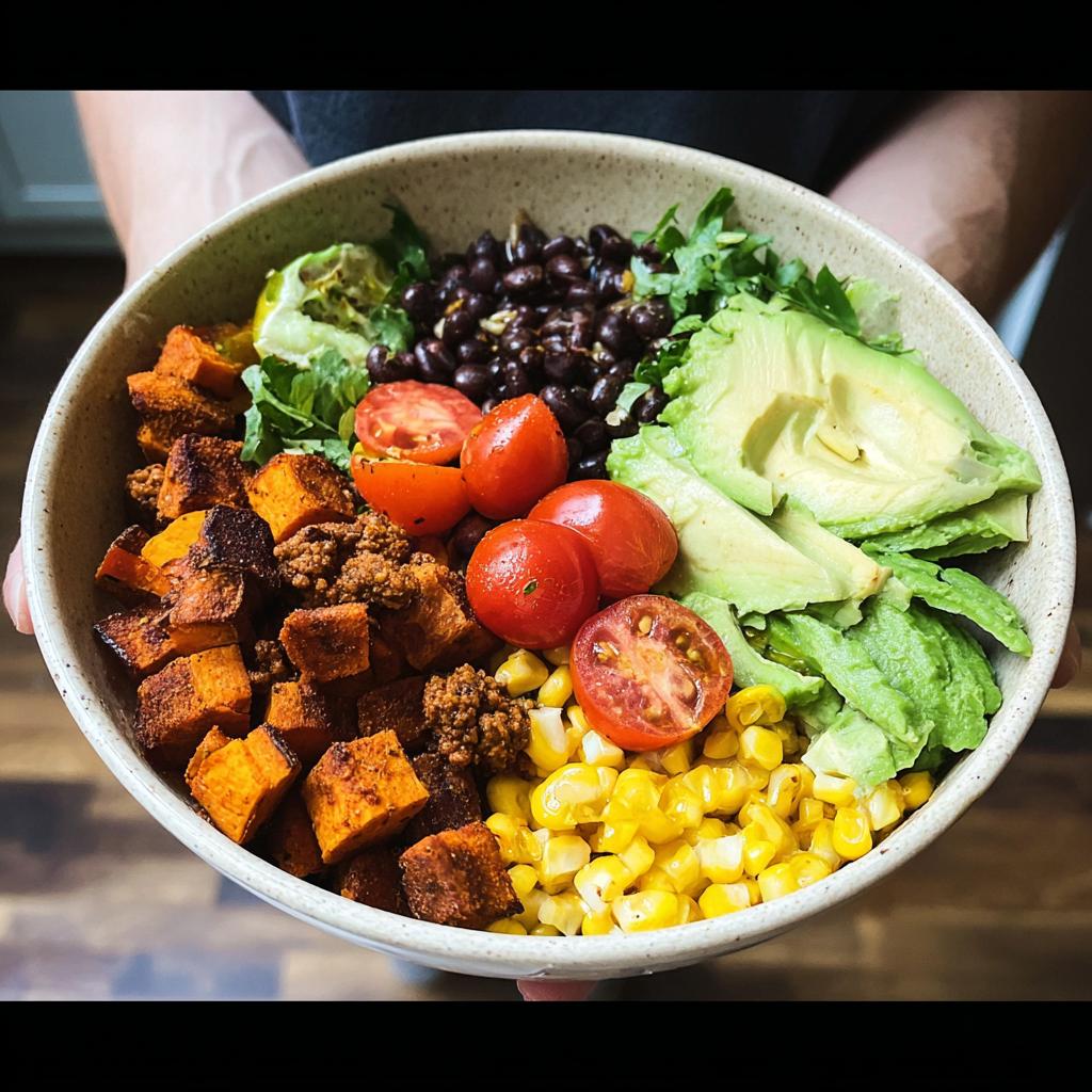 A vibrant Sweet Potato Taco Bowl overflowing with roasted sweet potatoes, black beans, corn, tomatoes, avocado, and lettuce.
