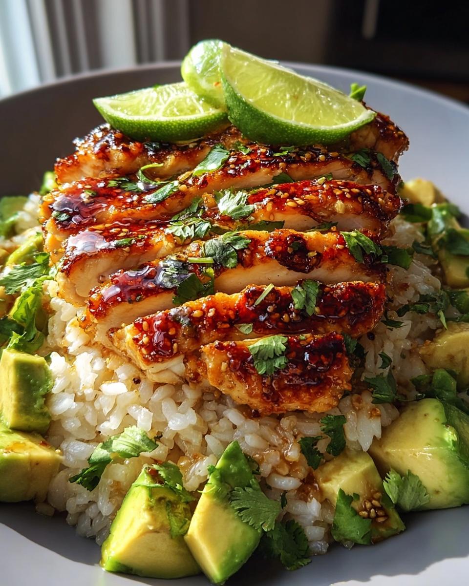 A bowl of Tangy Honey Lime Chicken Delight, featuring sliced chicken over rice with avocado and lime wedges.