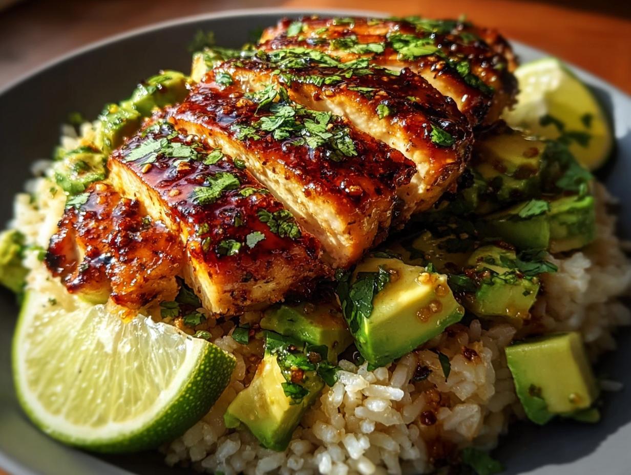 Close-up of sliced Tangy Honey Lime Chicken Delight served over rice with diced avocado and lime wedges.