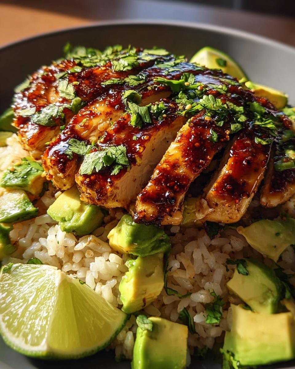 A close-up of Tangy Honey Lime Chicken Delight served over rice with diced avocado and lime wedges, garnished with cilantro.