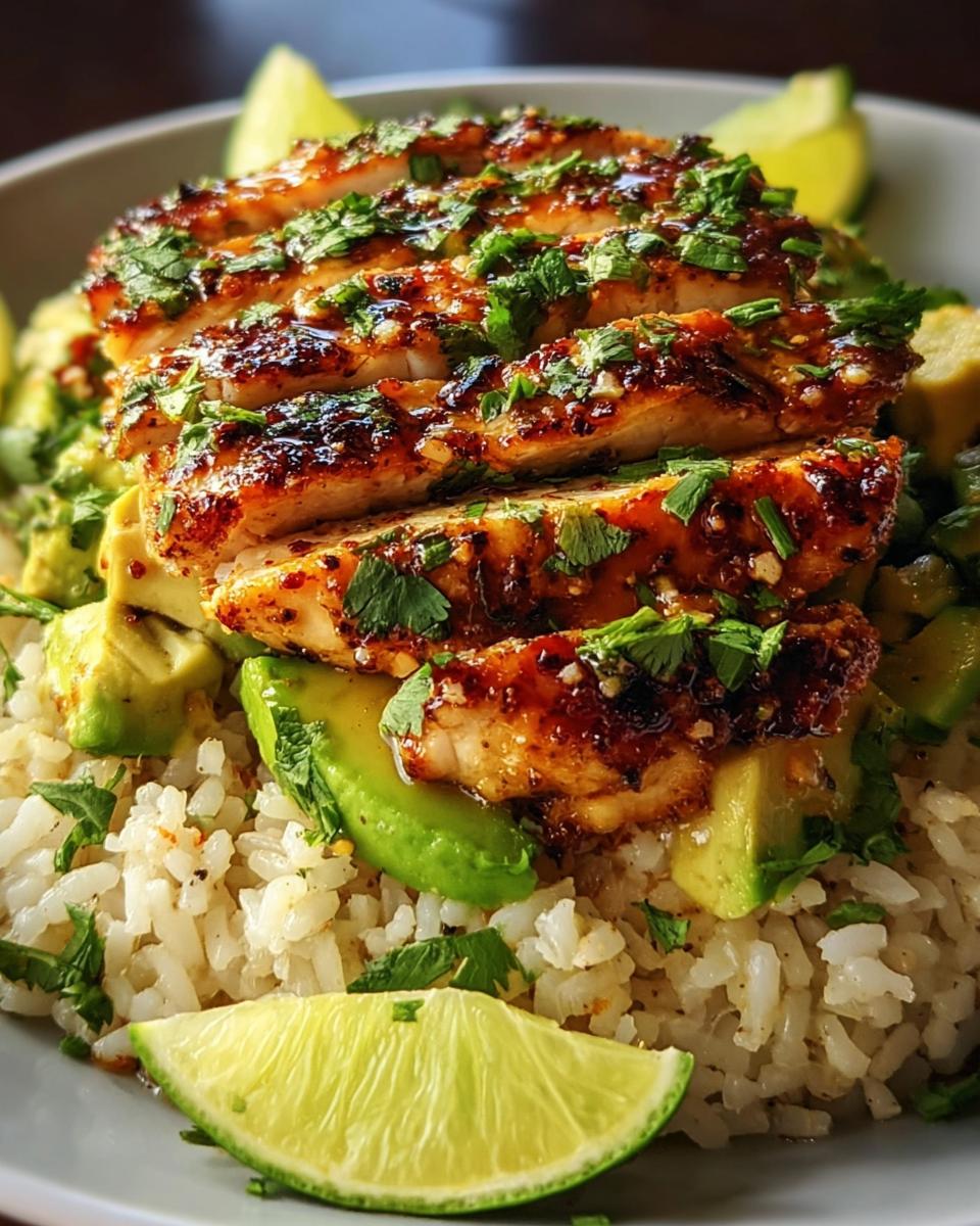 Close-up of sliced Tangy Honey Lime Chicken Delight served over rice with avocado and lime wedges.