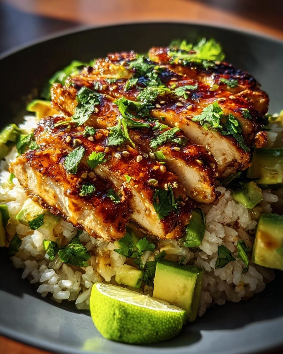 A close-up of Tangy Honey Lime Chicken Delight served over rice with diced avocado and lime wedges.