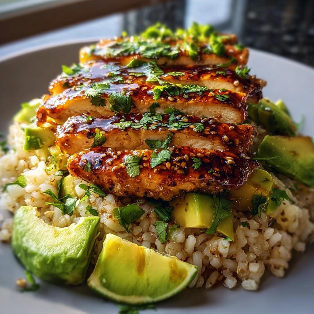 A close-up of sliced Tangy Honey Lime Chicken Delight served over rice with avocado chunks and lime wedges.