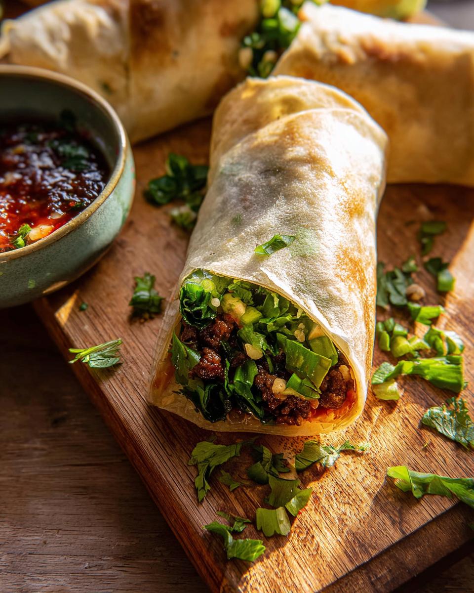 Close-up of a Thai Basil Beef Roll, filled with seasoned beef and fresh greens, served with a side of dipping sauce.