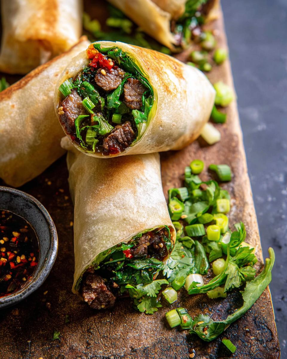 Close-up of delicious Thai Basil Beef Rolls filled with tender beef, greens, and chili, served with a dipping sauce.