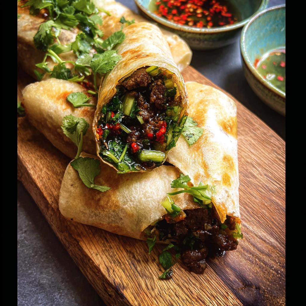Close-up of crispy Thai Basil Beef Rolls filled with savory beef and fresh greens, garnished with cilantro.