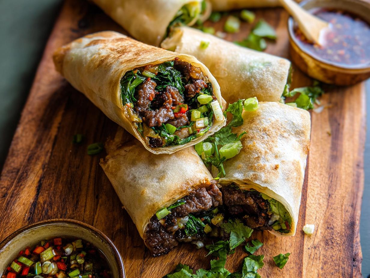 Close-up of golden brown Thai Basil Beef Rolls filled with savory beef and greens, served on a wooden board with dipping sauce.