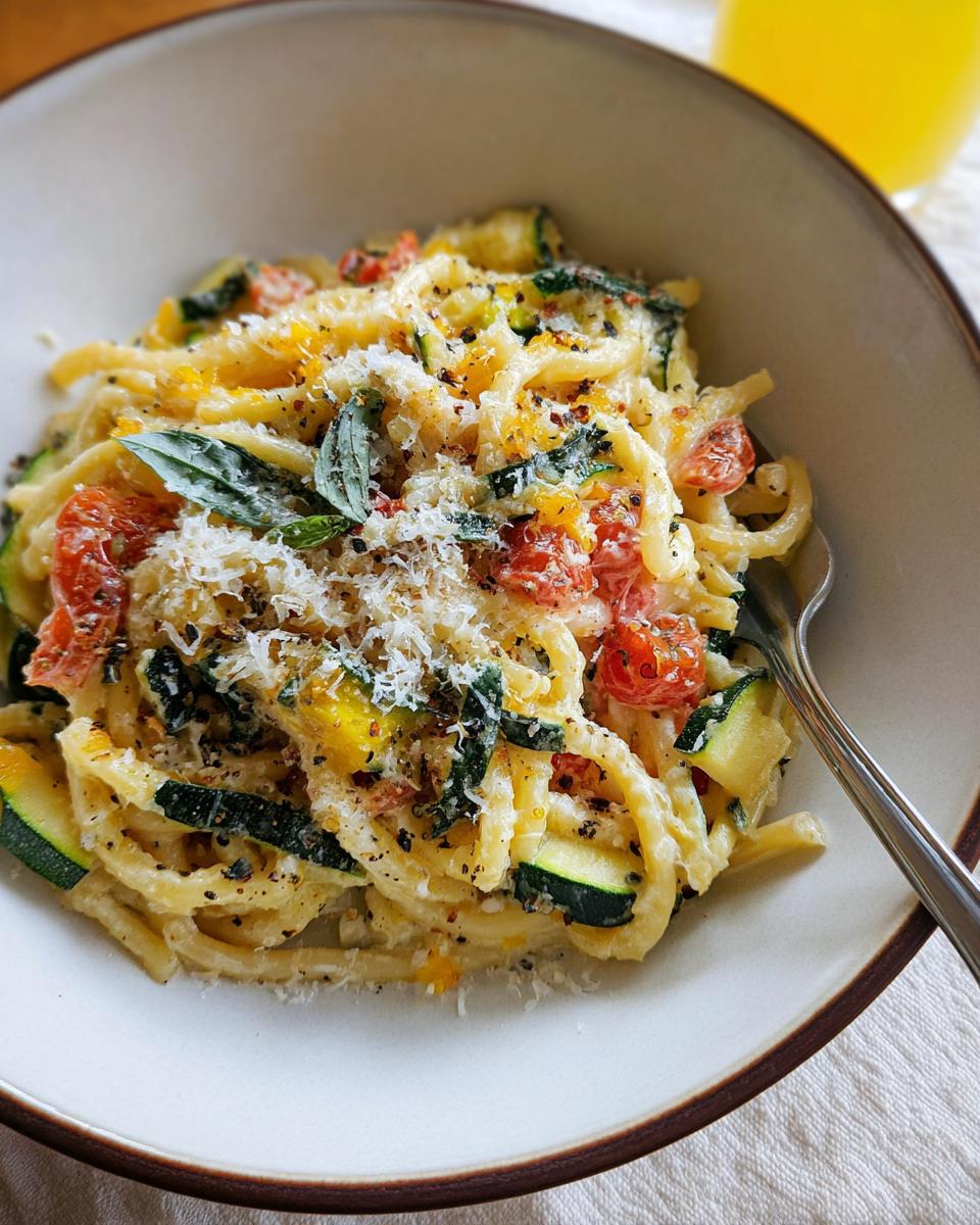 A close-up of a bowl of Tomato Zucchini Pasta, topped with Parmesan cheese and fresh basil.