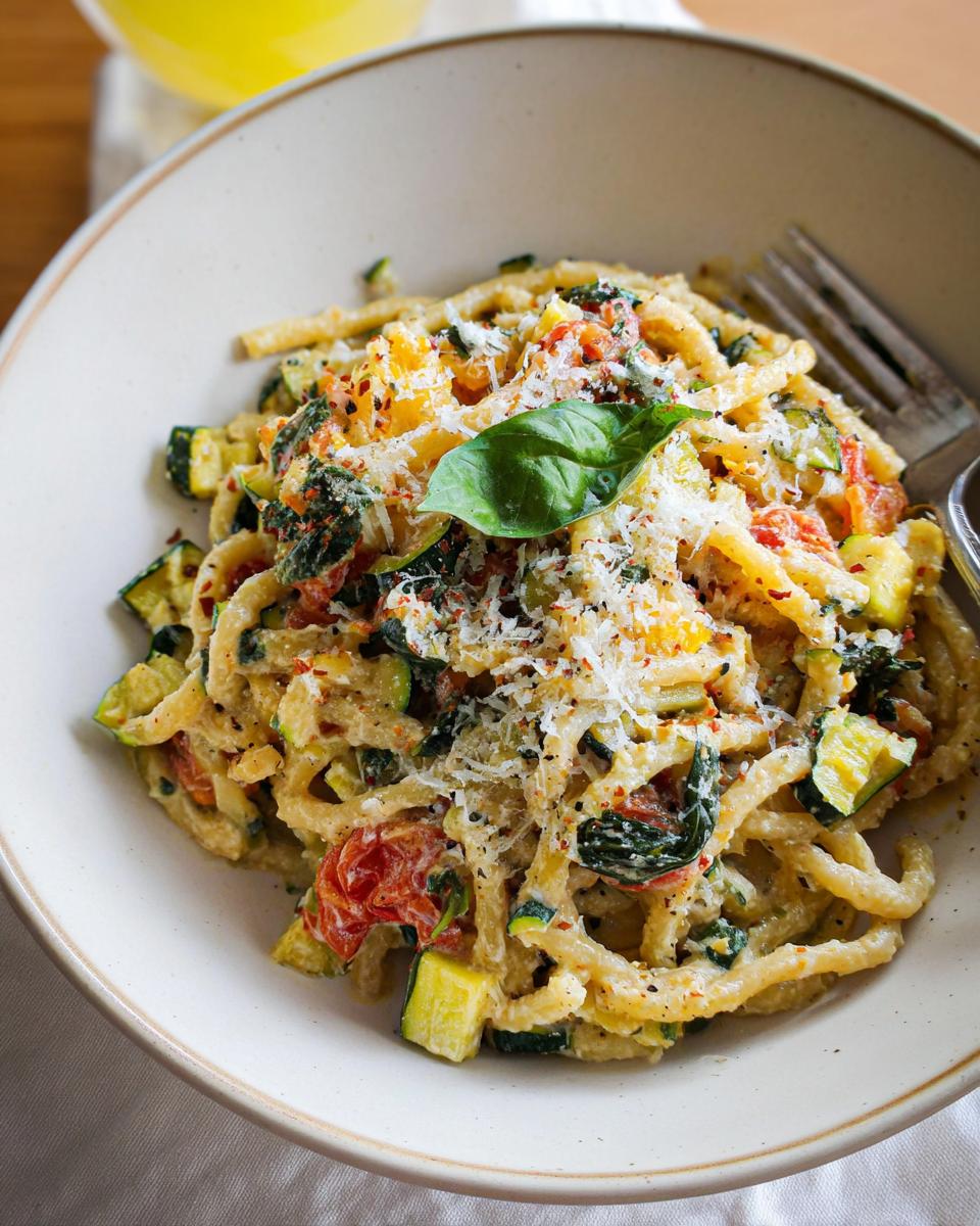 A close-up of a bowl of Tomato Zucchini Pasta, topped with grated cheese and a basil leaf.