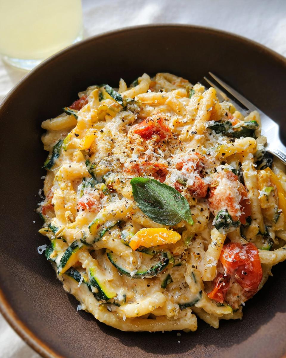 A close-up of creamy Tomato Zucchini Pasta in a brown bowl, topped with grated cheese and fresh basil.