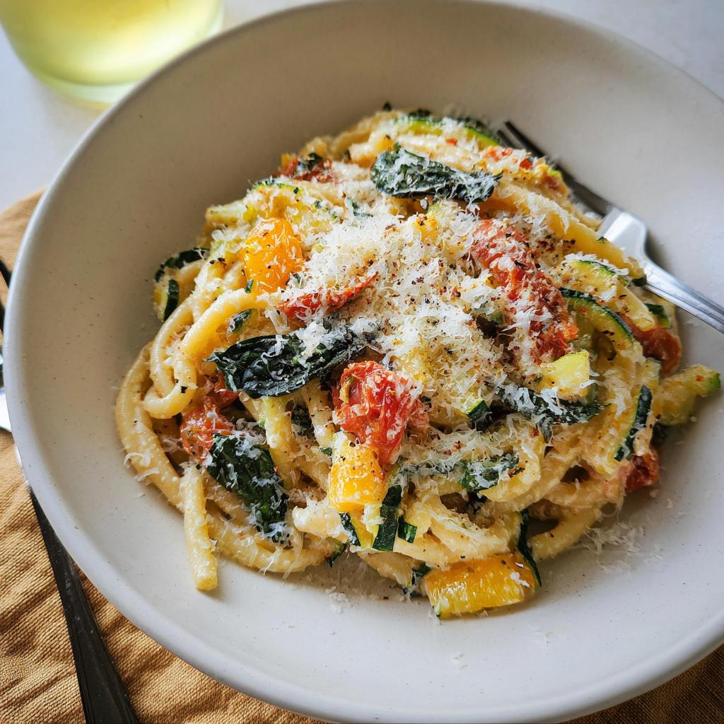 A close-up of a bowl of Tomato Zucchini Pasta, topped with grated Parmesan cheese and fresh herbs.