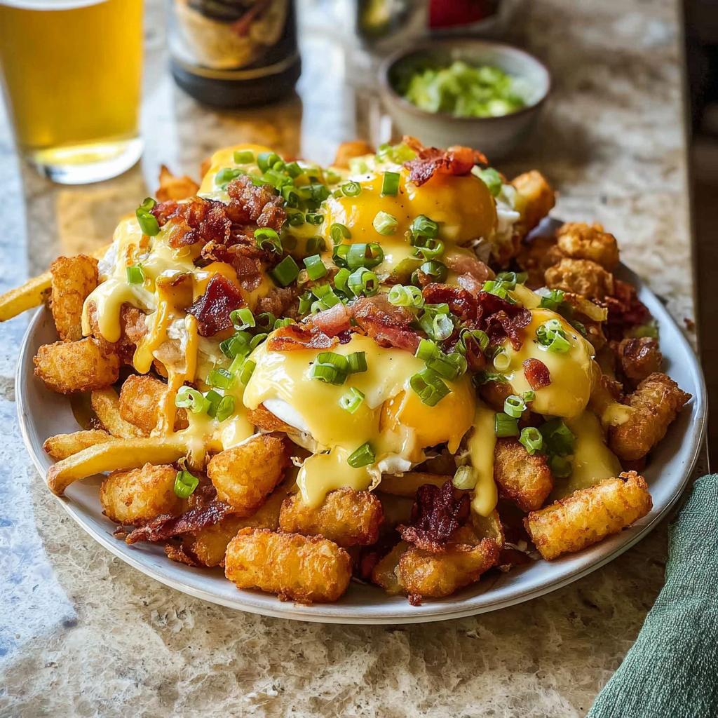 A plate of Ultimate Breakfast Poutine, featuring crispy tater tots, fries, fried eggs, bacon, and creamy hollandaise sauce, topped with green onions.