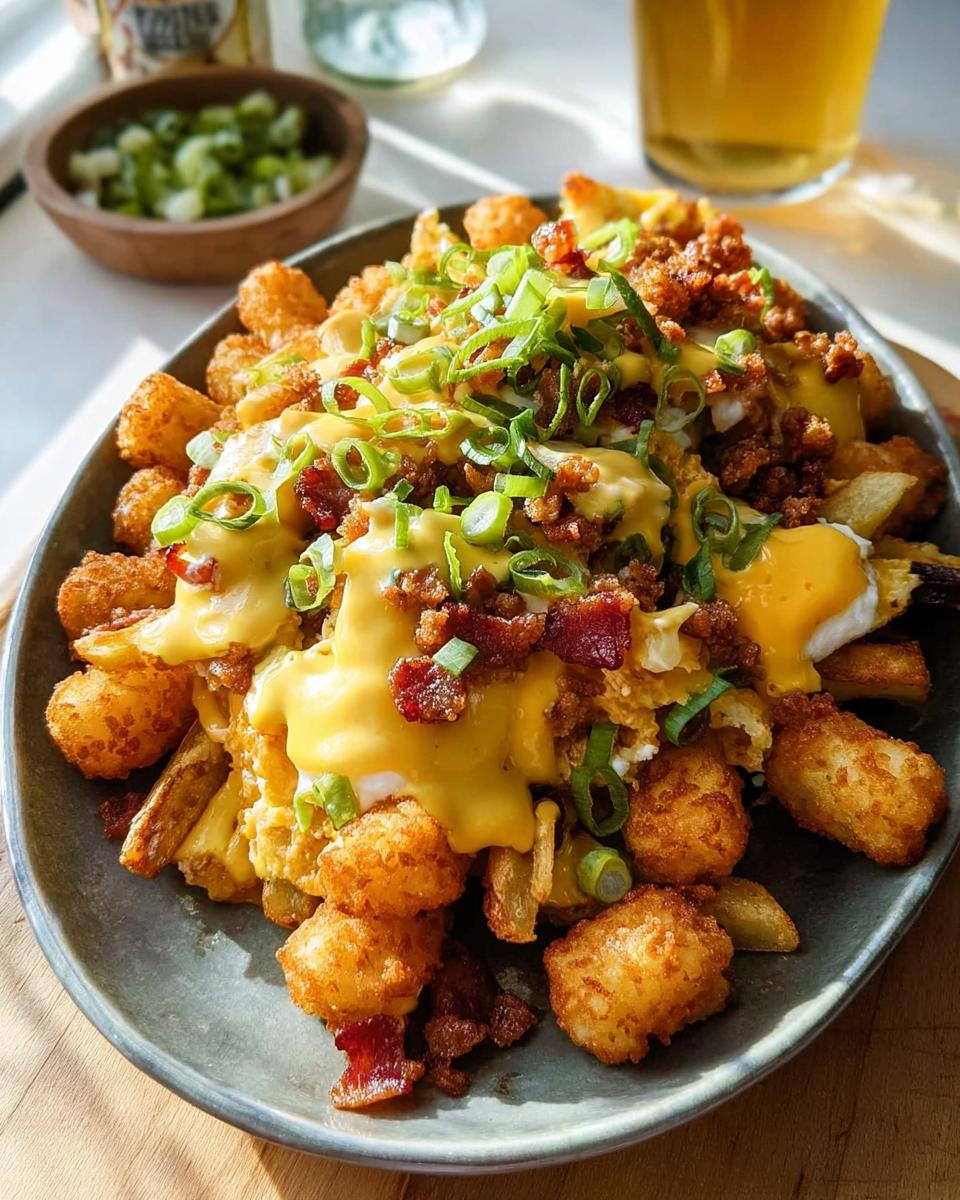 A close-up of Ultimate Breakfast Poutine topped with creamy hollandaise sauce, bacon, and green onions.
