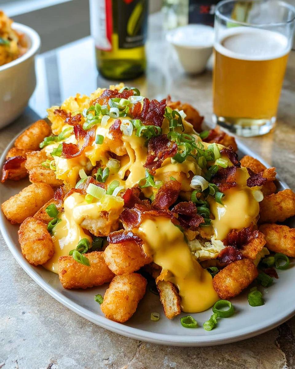A plate of Ultimate Breakfast Poutine topped with scrambled eggs, crispy bacon, green onions, and creamy hollandaise sauce.